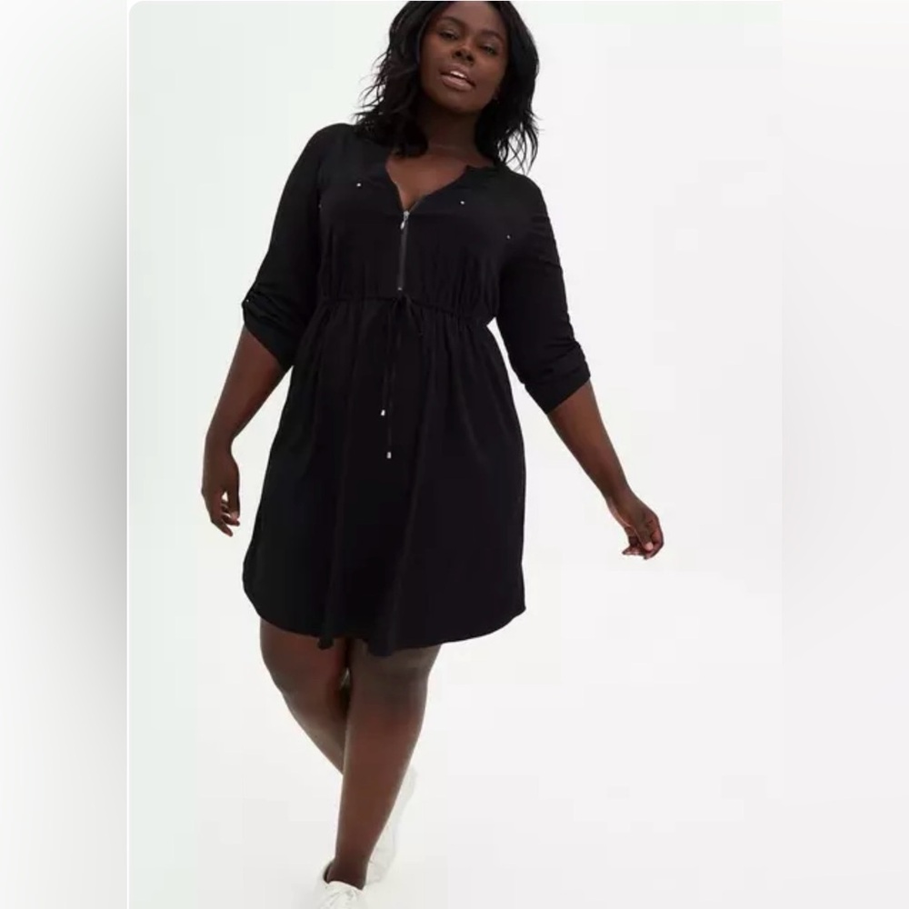 Mini Challis Zip-Front Shirt Dress
-Sleeve Zip Front Drawstring Dress